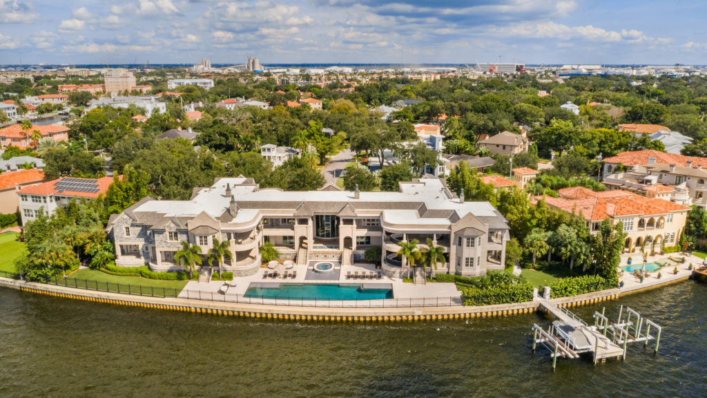 Aerial view from the waterfront side of Derek Jeter's mansion for sale