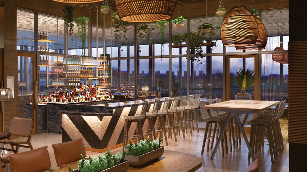 Rendering inside a rooftop bar with wrap around seating