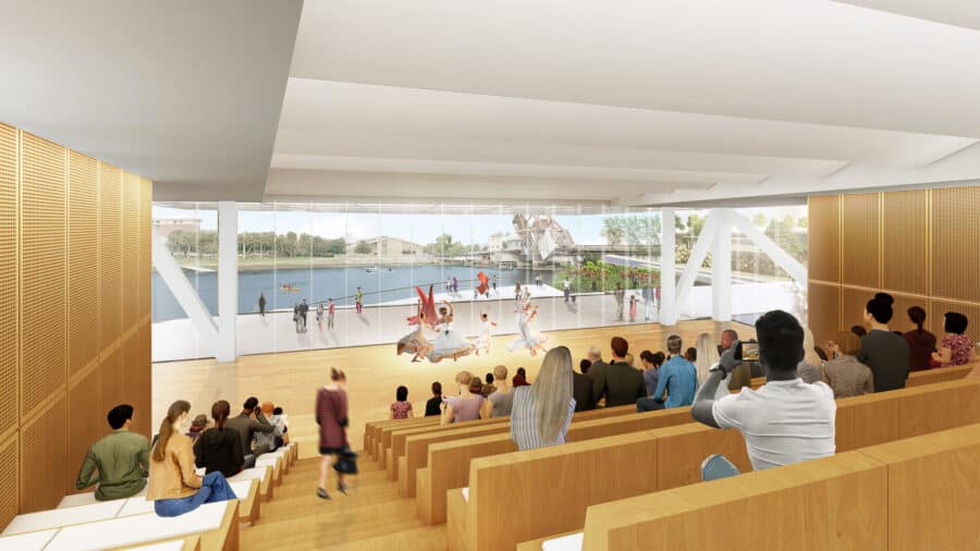 rendering of a 150-seat auditorium with a waterfront view. 