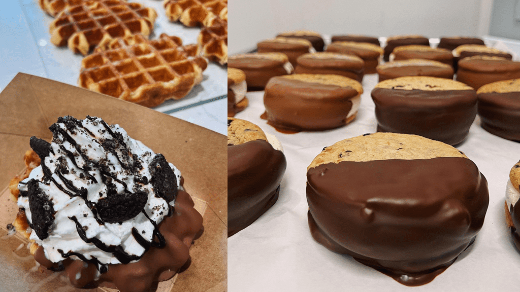 Chocolate covered waffles and giant chocolate dipped ice cream sandwiches