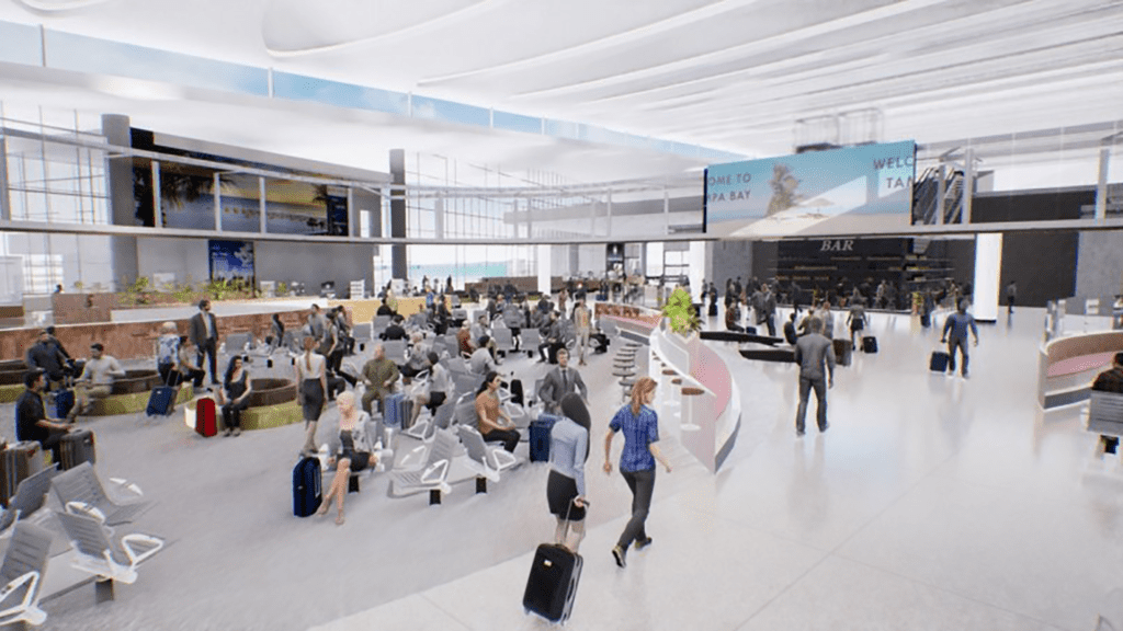 a rendering of an airport terminal with passengers walking through shops and restaurants. 