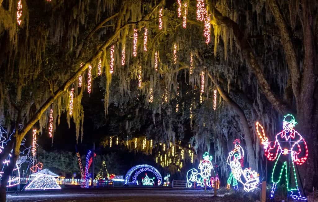 Icicle lights are draped from tall trees. Light displays featuring pirates are arranged along the road at night. 