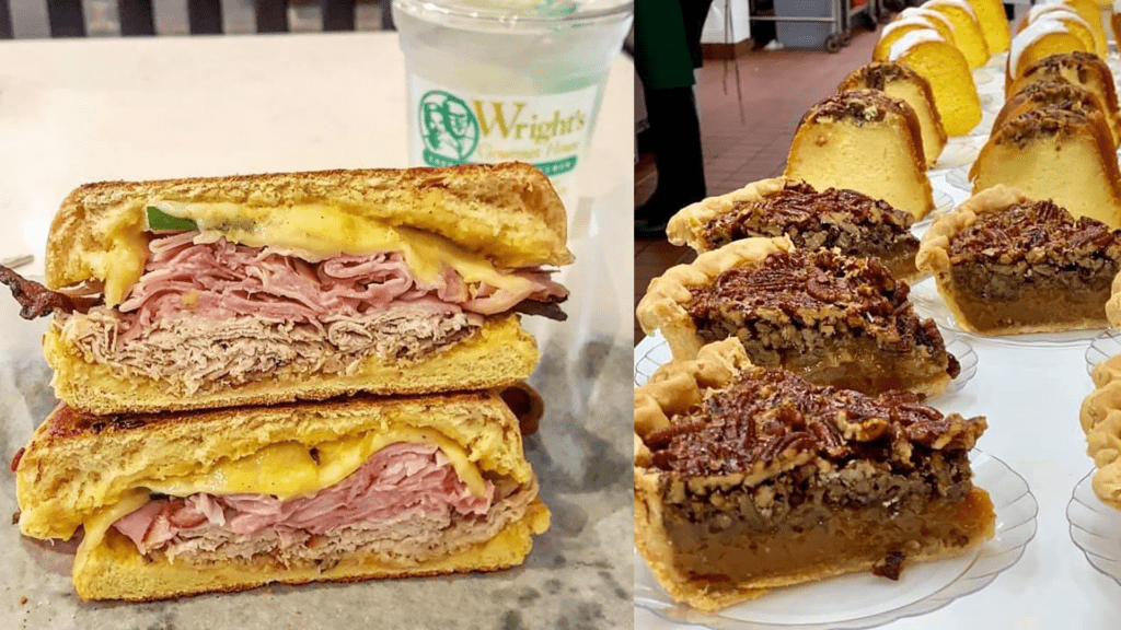 a plate of pies, and a Cuban sandwich stacked on a plate