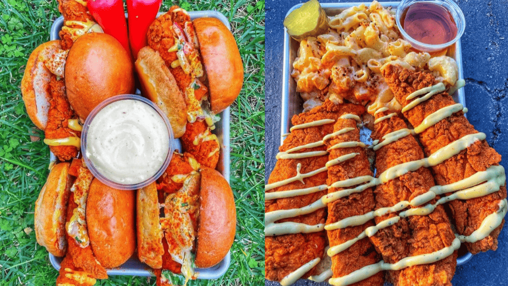 chicken tenders drizzled with sauce. 4 fried chicken sliders on a platter